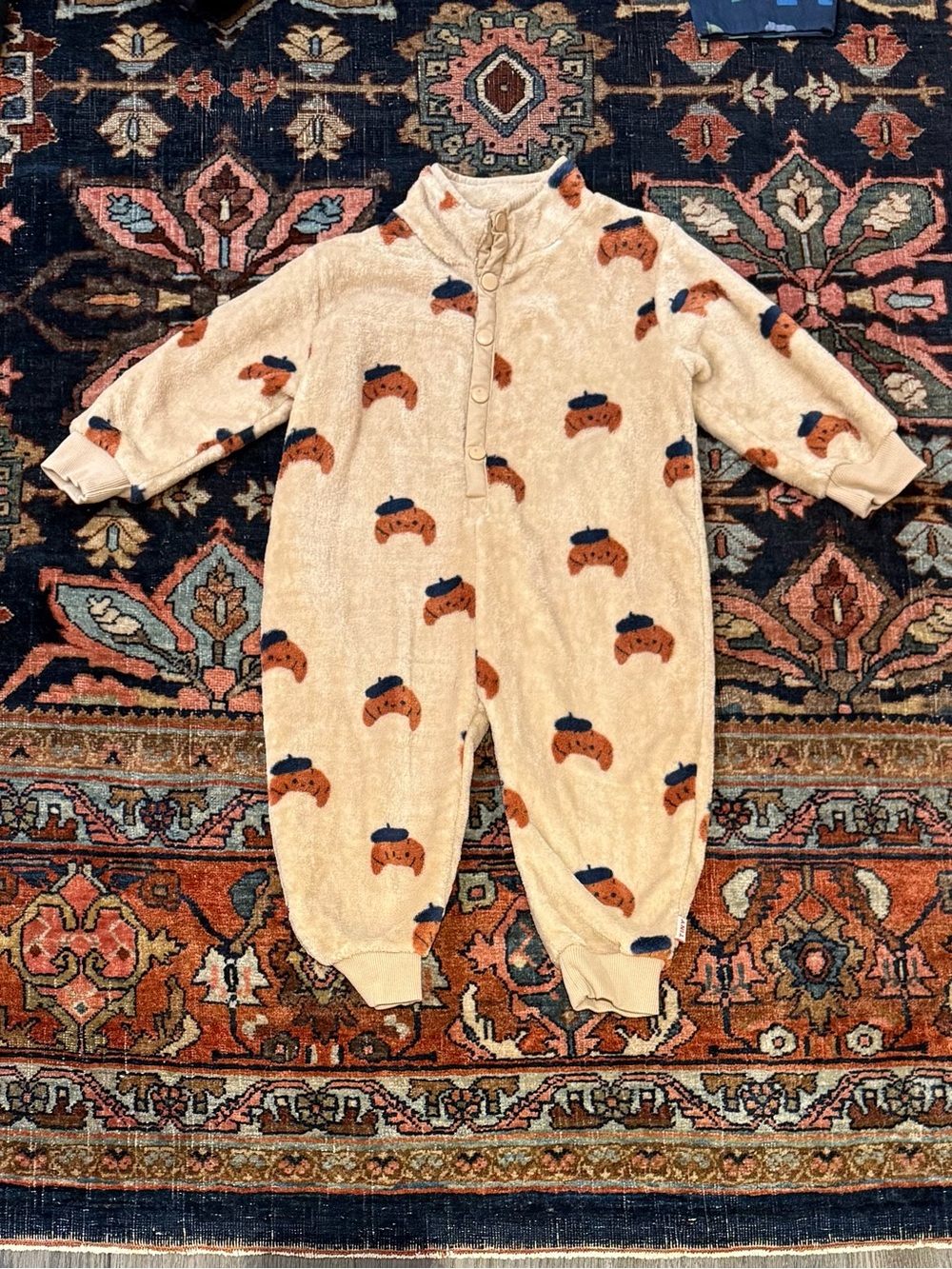 Tiny Cottons Plush Cream Kids One-Piece with Croissant Print